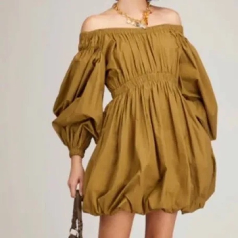 Ulla Johnson Martine Olive Green Fit Flare Puff Sleeve Off Shoulder 8 $325